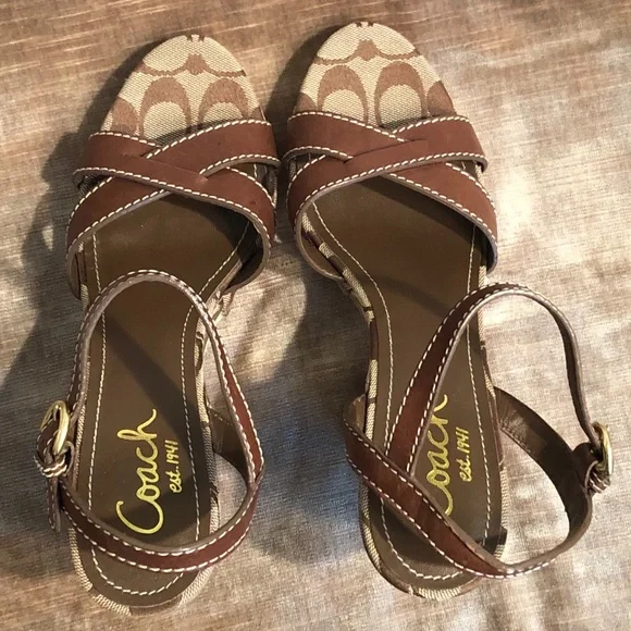 Very Rare!!! Coach Alina Patchwork & Brown Leather Wedge Sandals - Picture 6 of 12